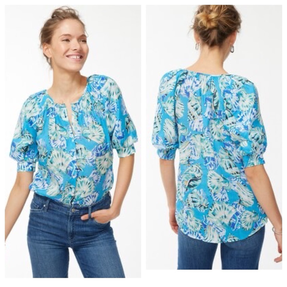 Chicos Shell Print Ramie Blend Blue Blouse size 12